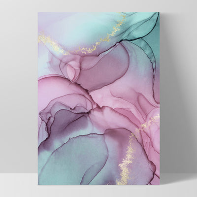 Watercolour Inks | Pink & Turquoise II - Art Print, Poster, Stretched Canvas, or Framed Wall Art Print, shown as a stretched canvas or poster without a frame