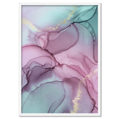 Watercolour Inks | Pink & Turquoise II - Art Print, Poster, Stretched Canvas, or Framed Wall Art Print, shown in a white frame