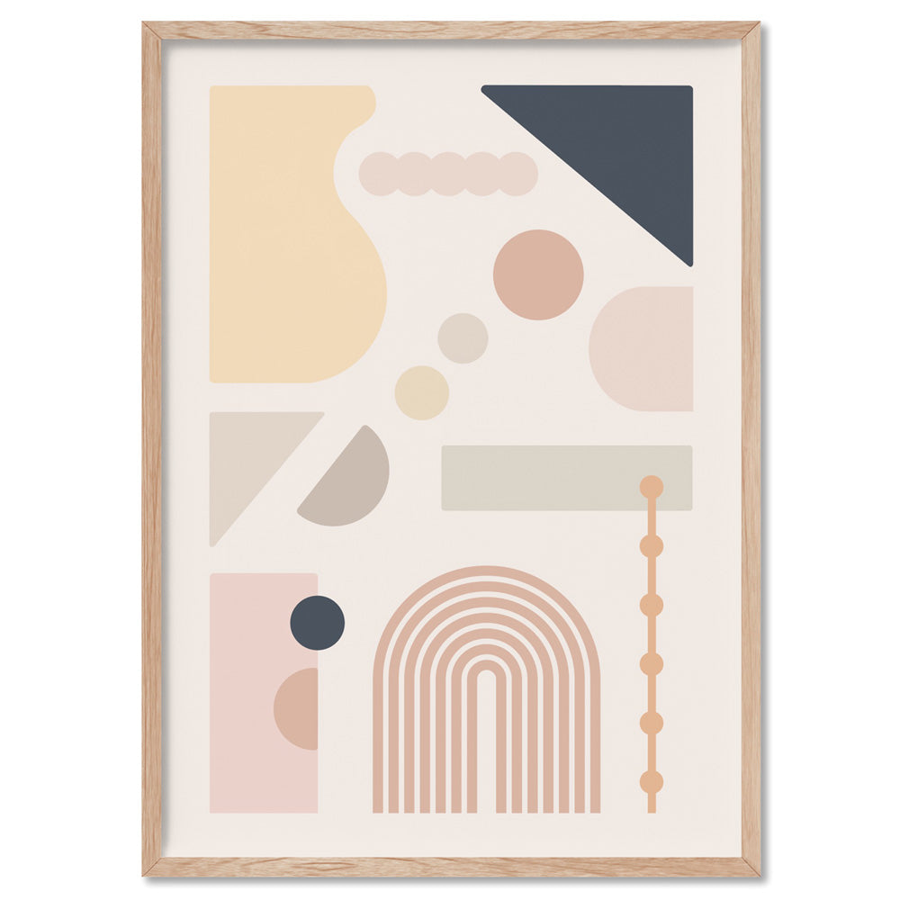 Mid Century Geo Shapes I - Art Print, Poster, Stretched Canvas, or Framed Wall Art Print, shown in a natural timber frame