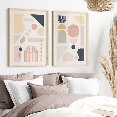 Mid Century Geo Shapes I - Art Print, Poster, Stretched Canvas or Framed Wall Art, shown framed in a home interior space