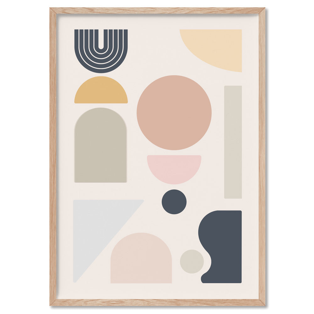 Mid Century Geo Shapes II - Art Print, Poster, Stretched Canvas, or Framed Wall Art Print, shown in a natural timber frame