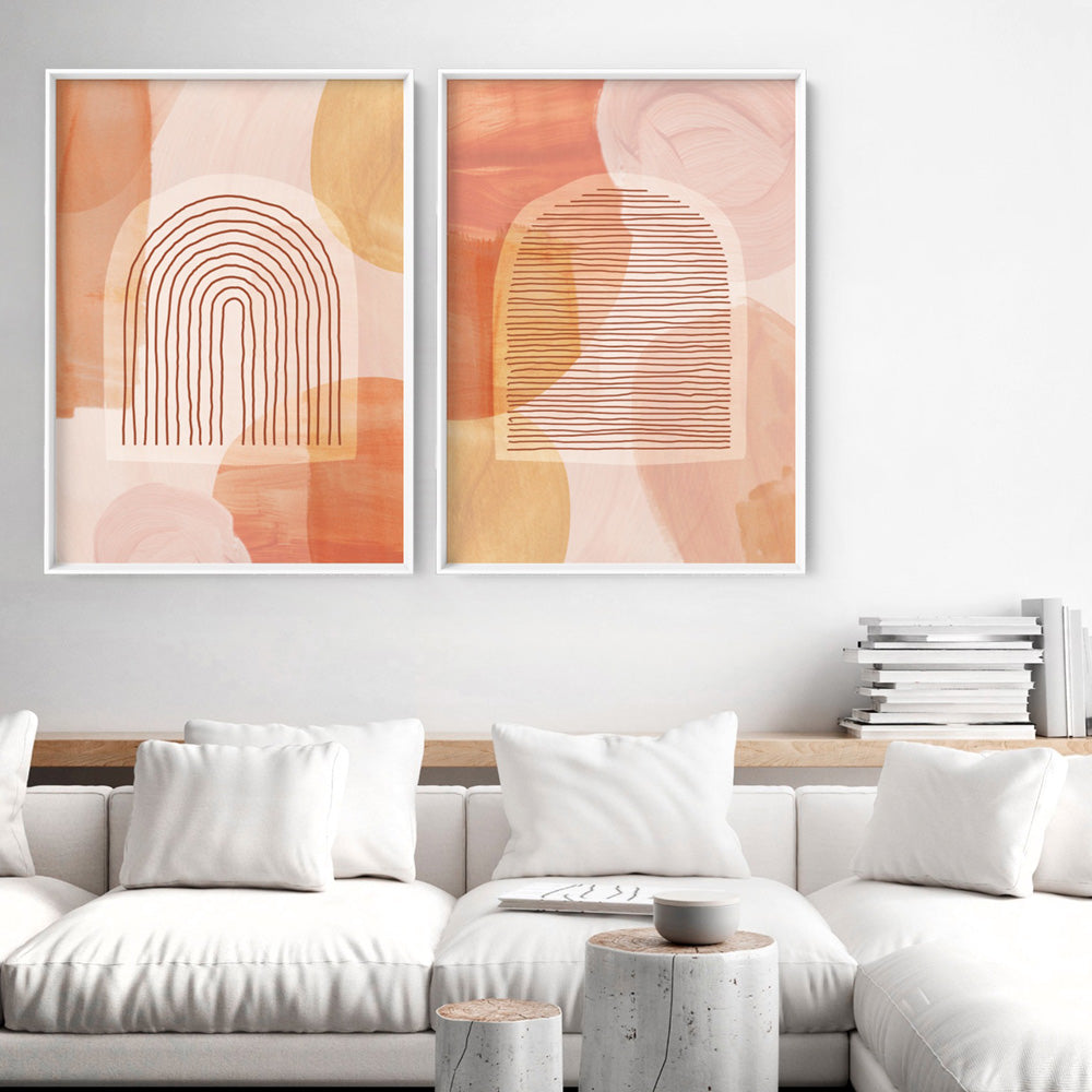 Boho Abstracts | Terra Arches II - Art Print, Poster, Stretched Canvas or Framed Wall Art, shown framed in a home interior space