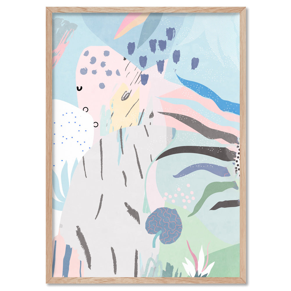 Abstract Geo Pastel Gardens II - Art Print, Poster, Stretched Canvas, or Framed Wall Art Print, shown in a natural timber frame