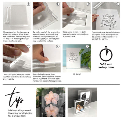 Clear Acrylic Photo Frame with Clear Base Step by step usage instructions.