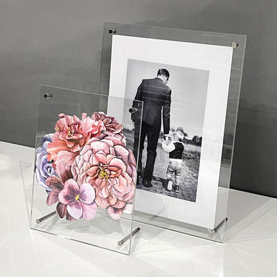 Clear Acrylic Picture Frames with Metal Legs, showcasing Pressed flowers & Family Photo Inside