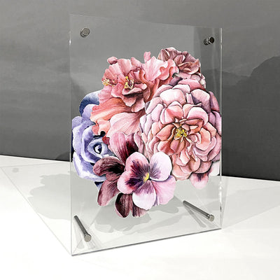 Clear Acrylic Photo Frame with Silver Legs, with pressed flowers print inside