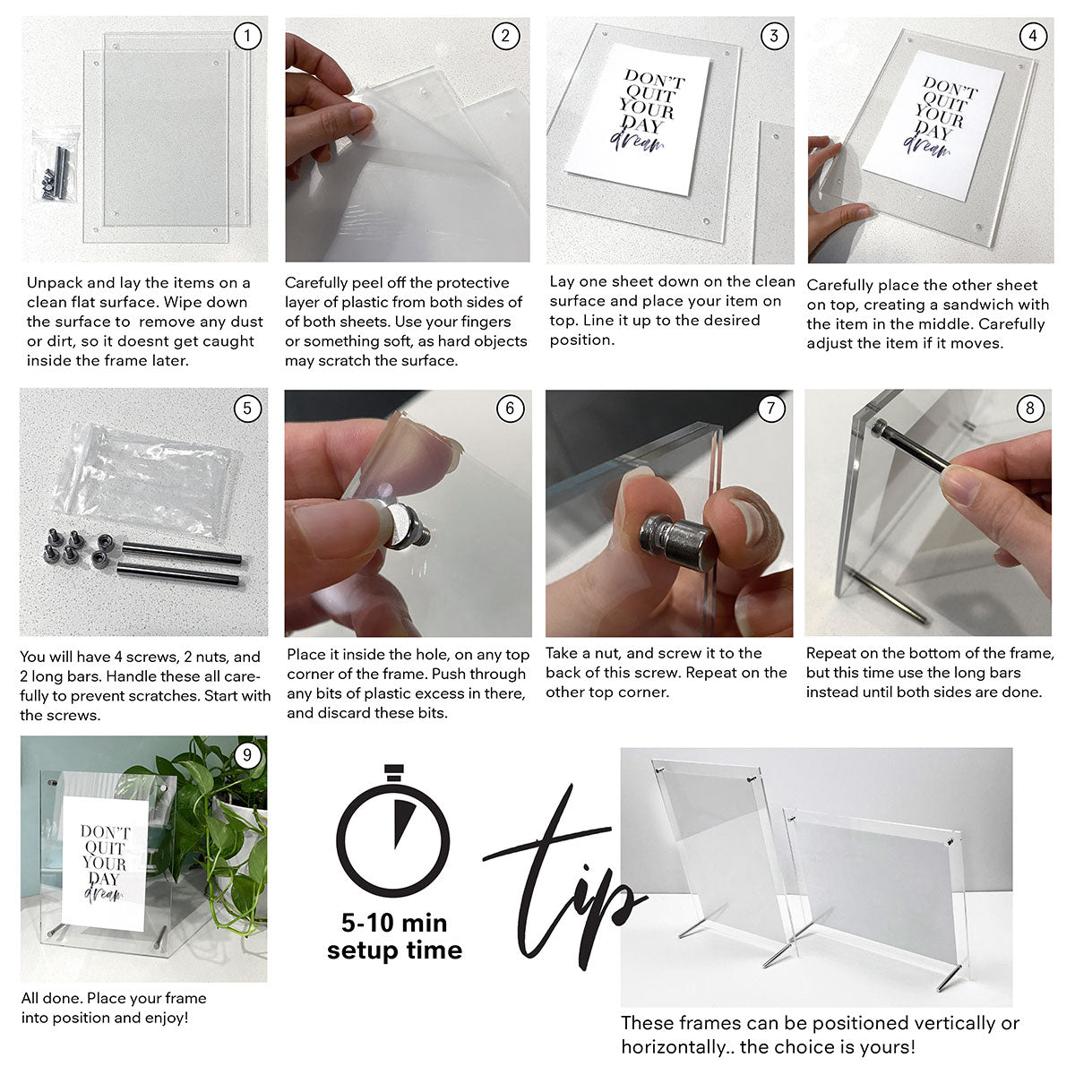 Clear Acrylic Photo Frame with Metal Legs - Step by step usage instructions.