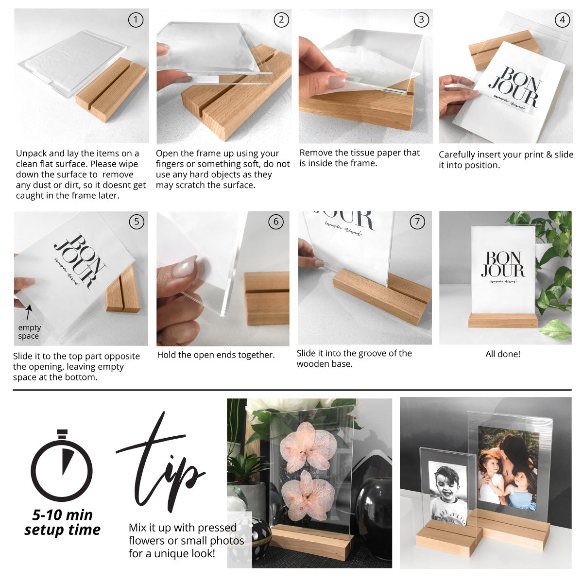 Clear Acrylic Photo Frame with Natural Wood Base Step by step usage instructions.