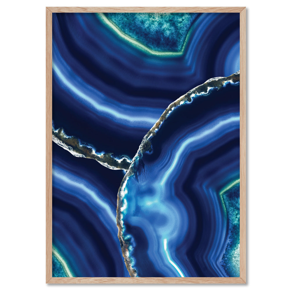Agate Slice Geode Blues & Greens - Art Print, Poster, Stretched Canvas, or Framed Wall Art Print, shown in a natural timber frame