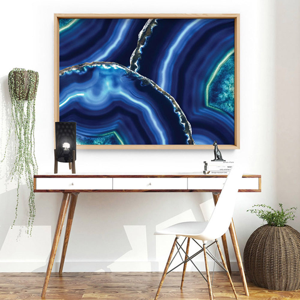 Agate Slice Geode Blues & Greens - Art Print, Poster, Stretched Canvas or Framed Wall Art Prints, shown framed in a room