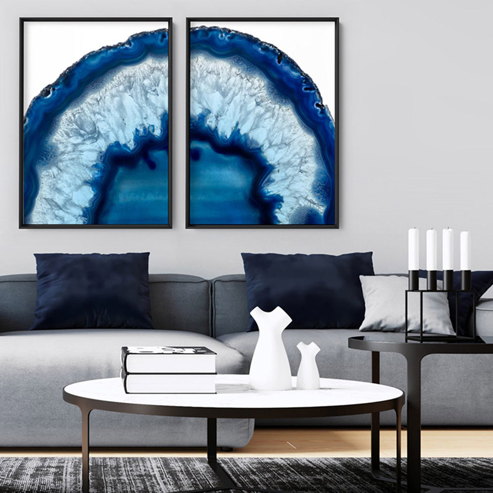 Agate Slice Geode Blues I - Art Print, Poster, Stretched Canvas or Framed Wall Art, shown framed in a home interior space