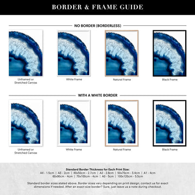 Agate Slice Geode Blues II - Art Print, Poster, Stretched Canvas or Framed Wall Art, Showing White , Black, Natural Frame Colours, No Frame (Unframed) or Stretched Canvas, and With or Without White Borders
