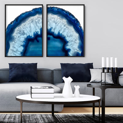 Agate Slice Geode Blues II - Art Print, Poster, Stretched Canvas or Framed Wall Art, shown framed in a home interior space