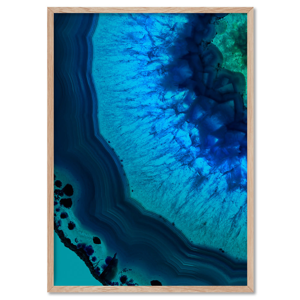 Agate Slice Geode Blues & Greens I - Art Print, Poster, Stretched Canvas, or Framed Wall Art Print, shown in a natural timber frame