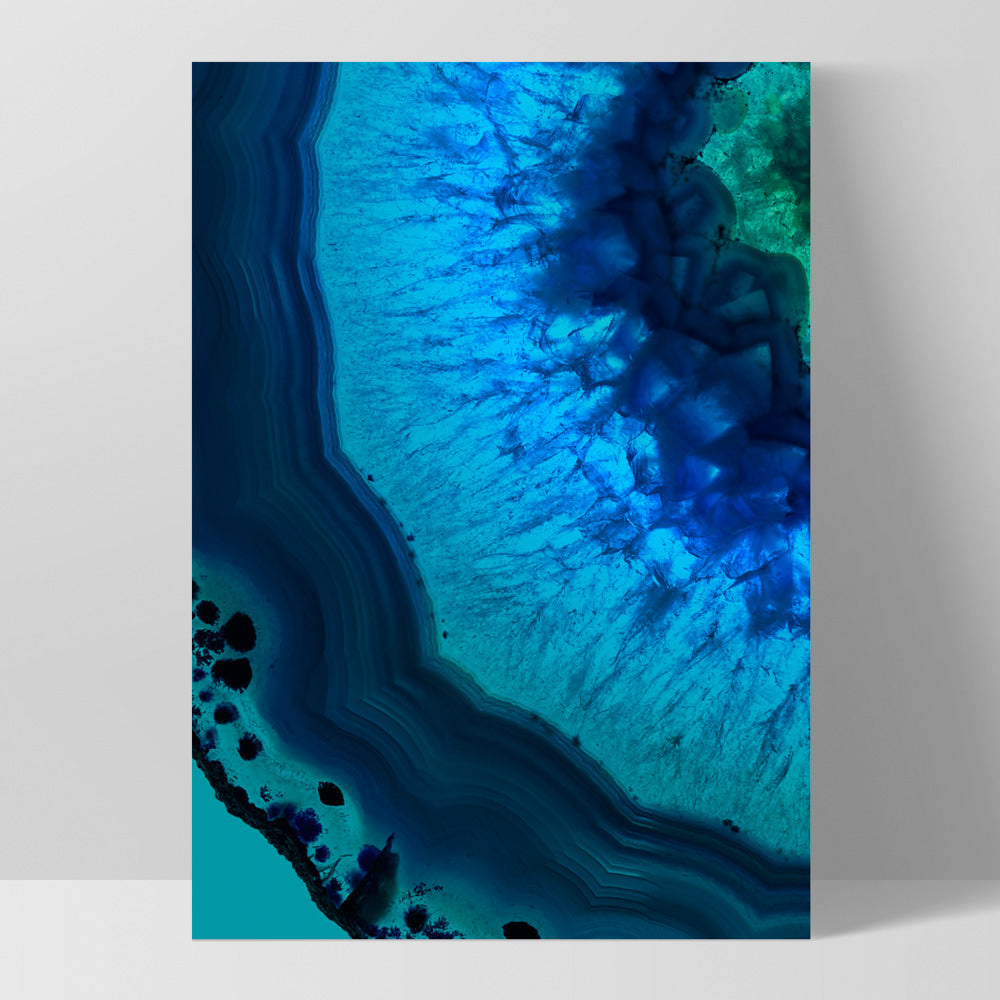 Agate Slice Geode Blues & Greens I - Art Print, Poster, Stretched Canvas, or Framed Wall Art Print, shown as a stretched canvas or poster without a frame