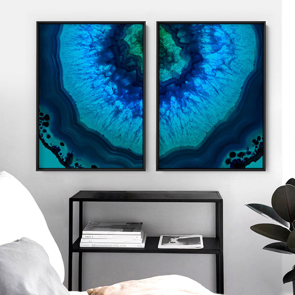 Agate Slice Geode Blues & Greens I - Art Print, Poster, Stretched Canvas or Framed Wall Art, shown framed in a home interior space