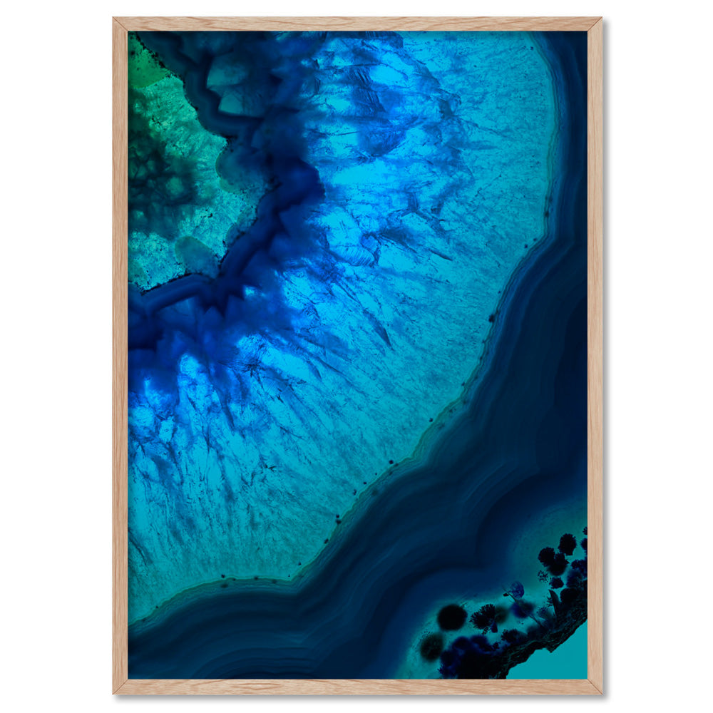 Agate Slice Geode Blues & Greens II - Art Print, Poster, Stretched Canvas, or Framed Wall Art Print, shown in a natural timber frame