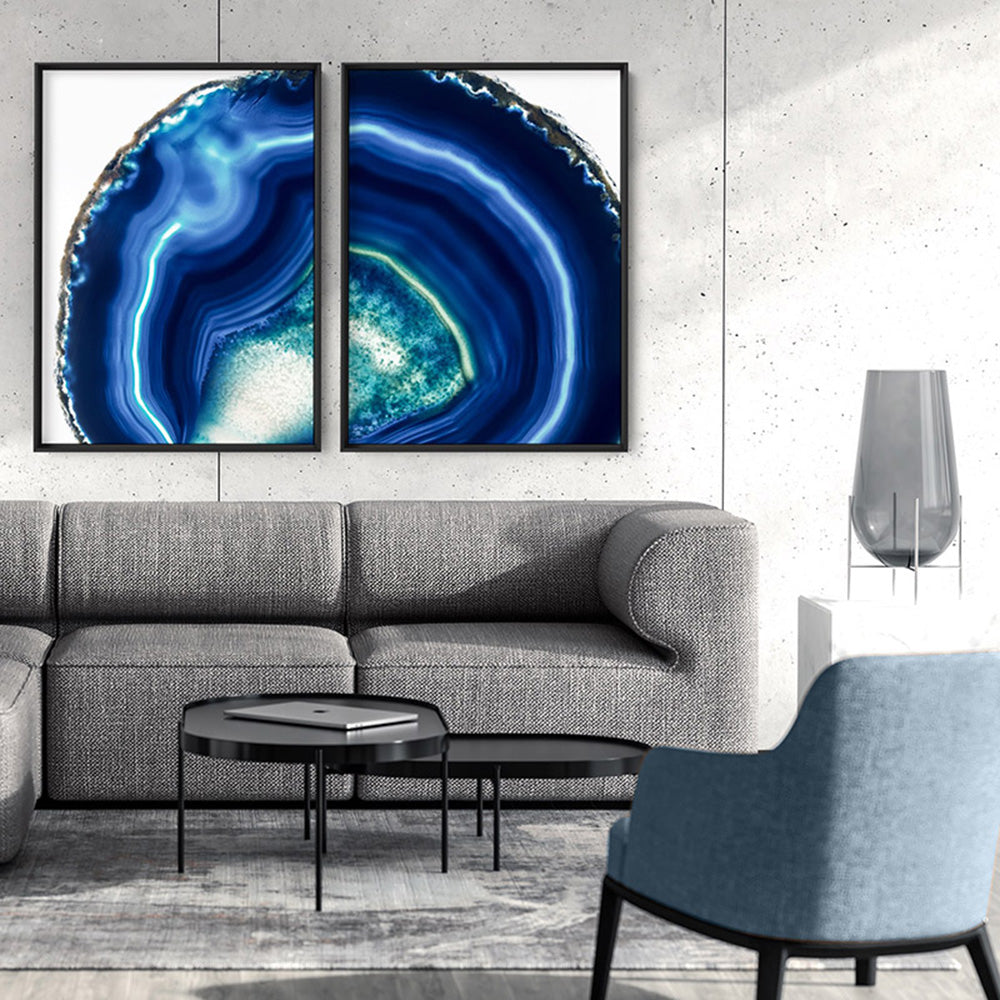 Agate Slice Geode Indigo I - Art Print, Poster, Stretched Canvas or Framed Wall Art, shown framed in a home interior space