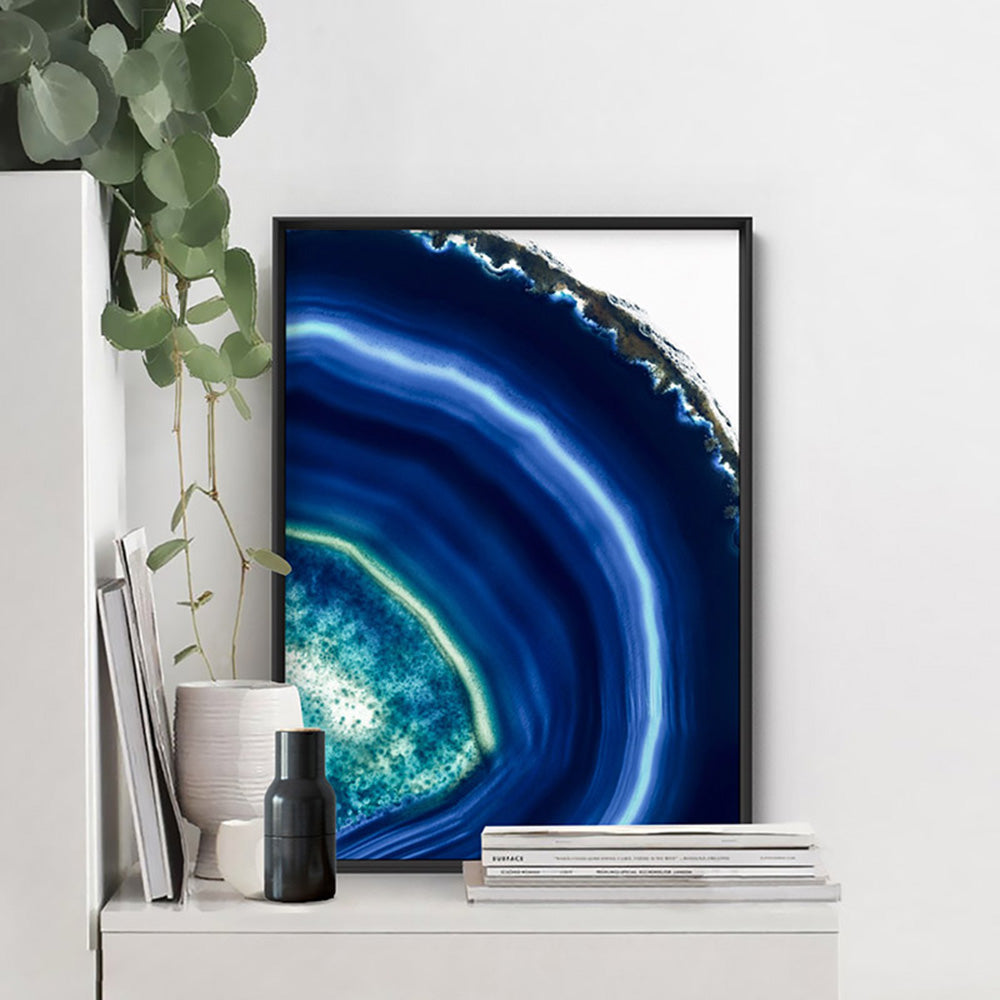 Agate Slice Geode Indigo II - Art Print, Poster, Stretched Canvas or Framed Wall Art Prints, shown framed in a room