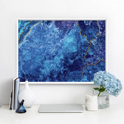 Agate Geode Lapis Lazuli II (faux gold lines)- Art Print, Poster, Stretched Canvas or Framed Wall Art Prints, shown framed in a room