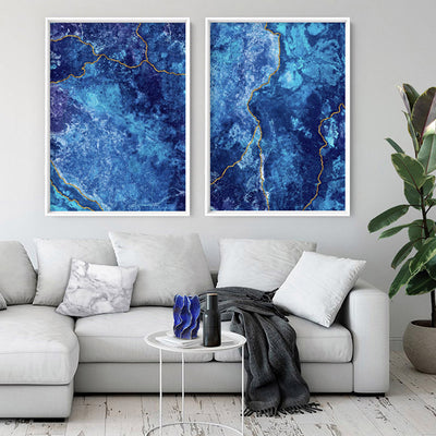 Agate Geode Lapis Lazuli II (faux gold lines)- Art Print, Poster, Stretched Canvas or Framed Wall Art, shown framed in a home interior space