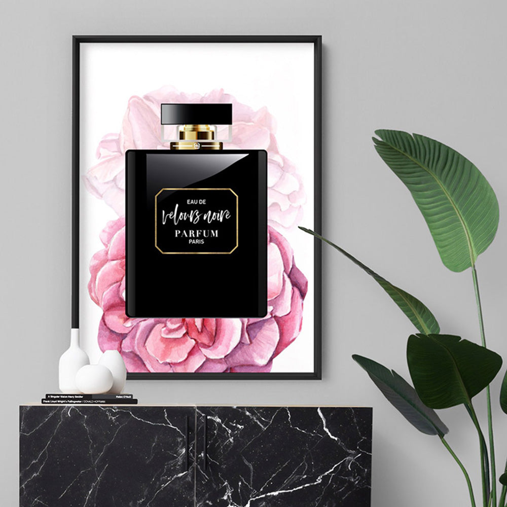 Perfume Bottle Floral II - Art Print, Poster, Stretched Canvas or Framed Wall Art Prints, shown framed in a room