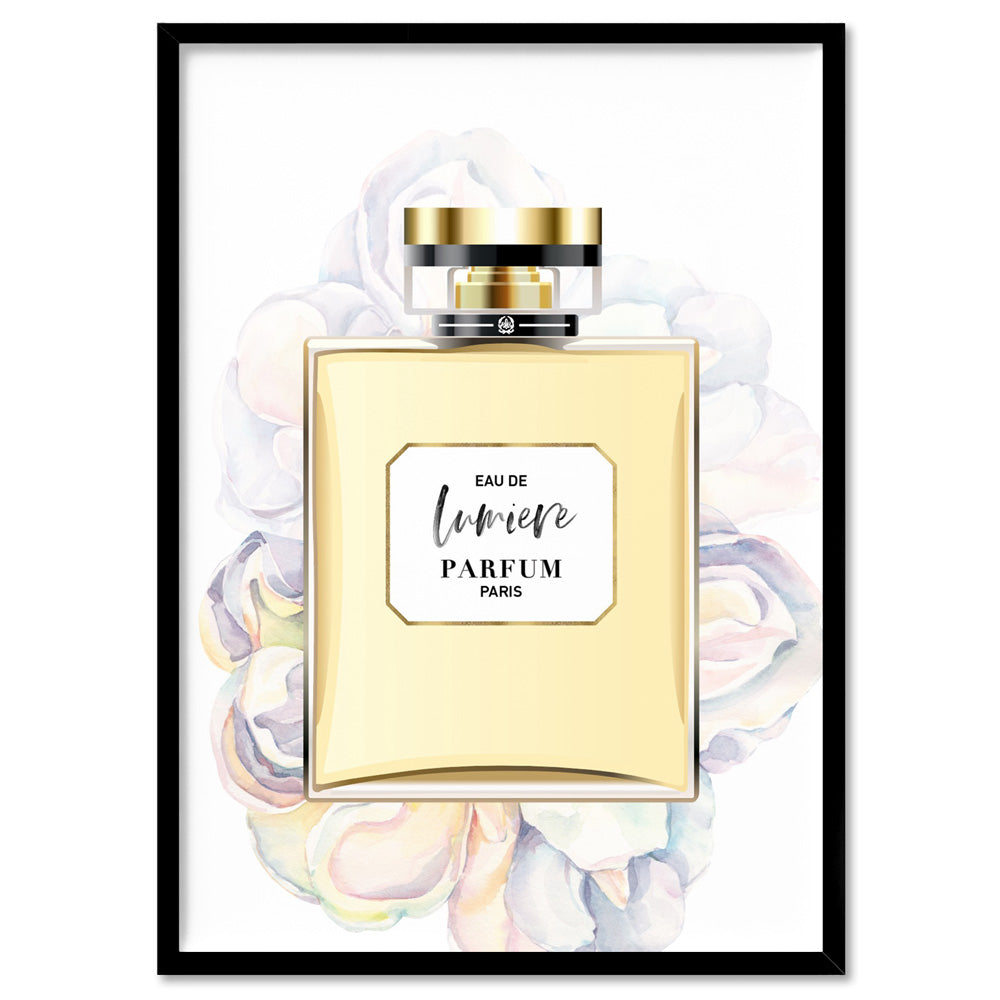 Perfume Bottle Floral I - Art Print, Poster, Stretched Canvas, or Framed Wall Art Print, shown in a black frame