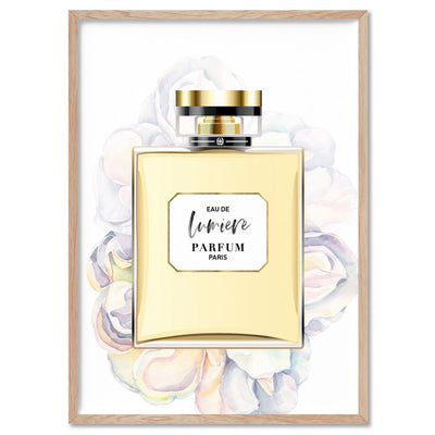 Perfume Bottle Floral I - Art Print, Poster, Stretched Canvas, or Framed Wall Art Print, shown in a natural timber frame