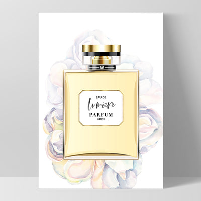 Perfume Bottle Floral I - Art Print, Poster, Stretched Canvas, or Framed Wall Art Print, shown as a stretched canvas or poster without a frame