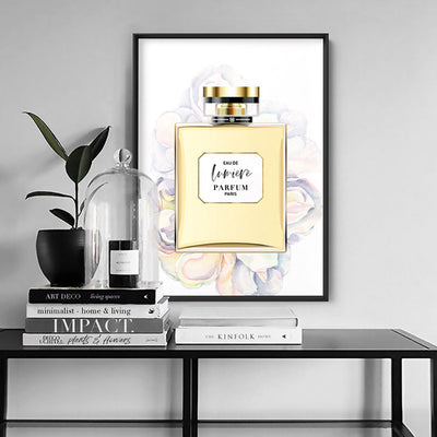 Perfume Bottle Floral I - Art Print, Poster, Stretched Canvas or Framed Wall Art Prints, shown framed in a room