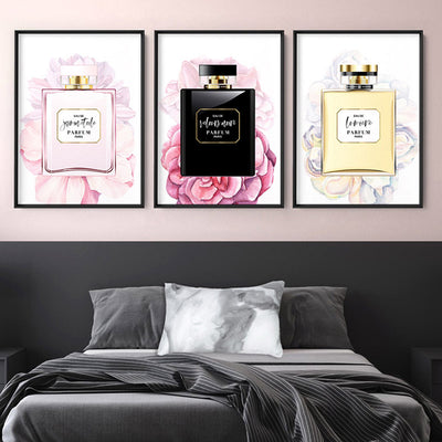 Perfume Bottle Floral I - Art Print, Poster, Stretched Canvas or Framed Wall Art, shown framed in a home interior space