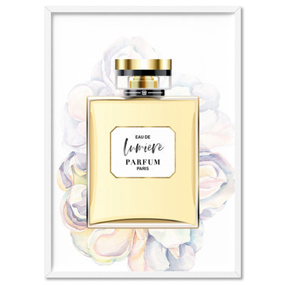 Perfume Bottle Floral I - Art Print, Poster, Stretched Canvas, or Framed Wall Art Print, shown in a white frame