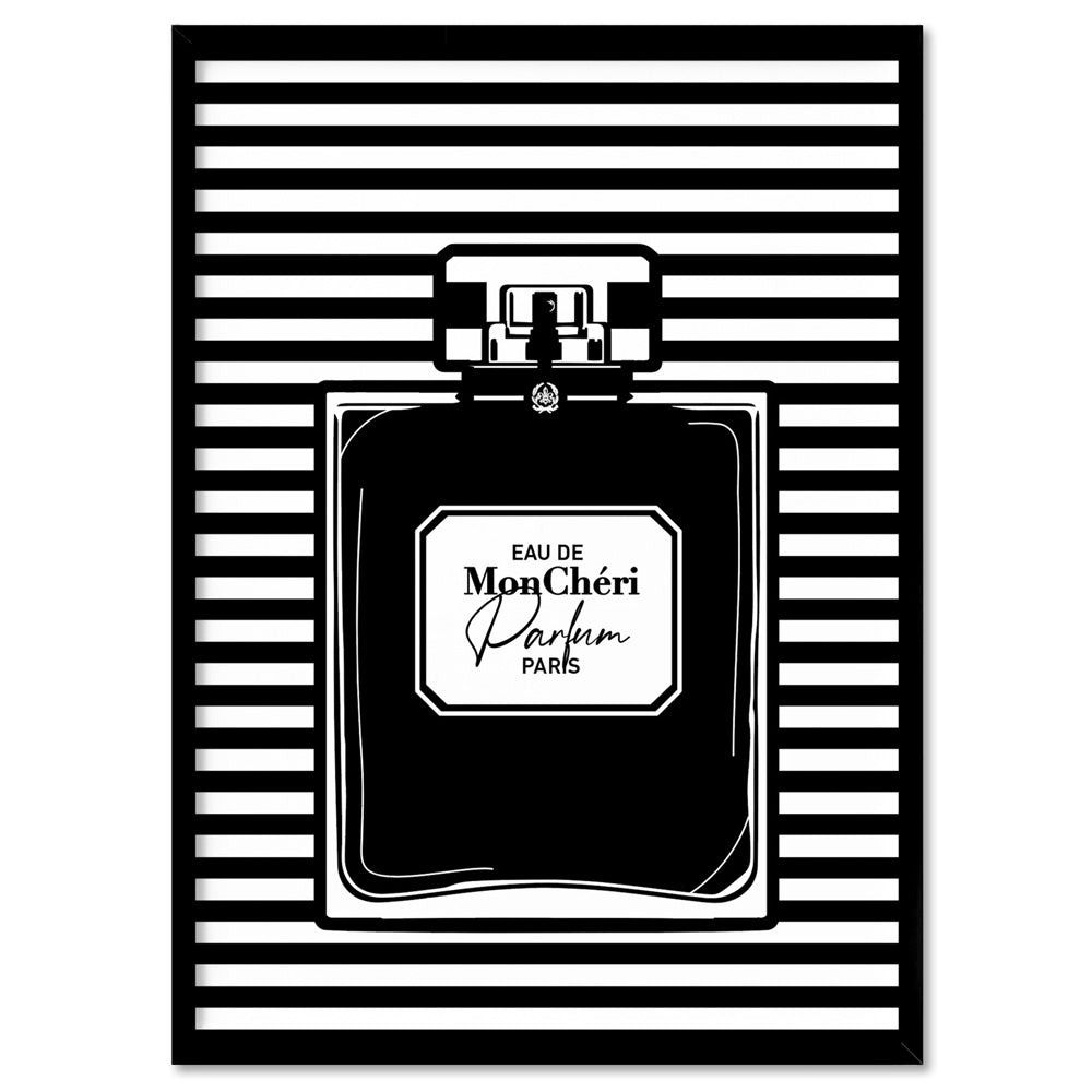 Perfume Bottle Stripes Monochrome - Art Print, Poster, Stretched Canvas, or Framed Wall Art Print, shown in a black frame