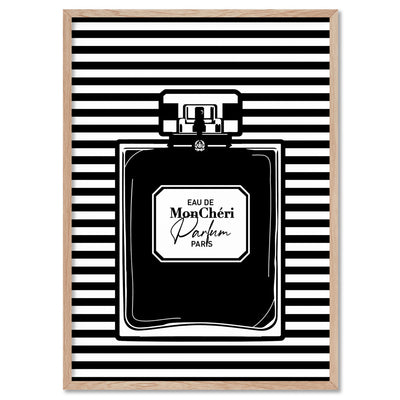 Perfume Bottle Stripes Monochrome - Art Print, Poster, Stretched Canvas, or Framed Wall Art Print, shown in a natural timber frame