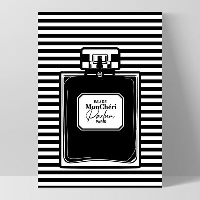 Perfume Bottle Stripes Monochrome - Art Print, Poster, Stretched Canvas, or Framed Wall Art Print, shown as a stretched canvas or poster without a frame