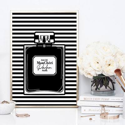 Perfume Bottle Stripes Monochrome - Art Print, Poster, Stretched Canvas or Framed Wall Art Prints, shown framed in a room
