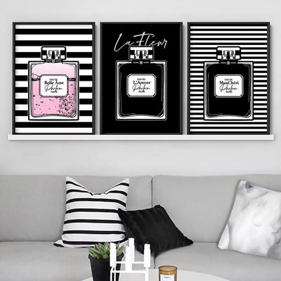 Perfume Bottle Stripes Monochrome - Art Print, Poster, Stretched Canvas or Framed Wall Art, shown framed in a home interior space