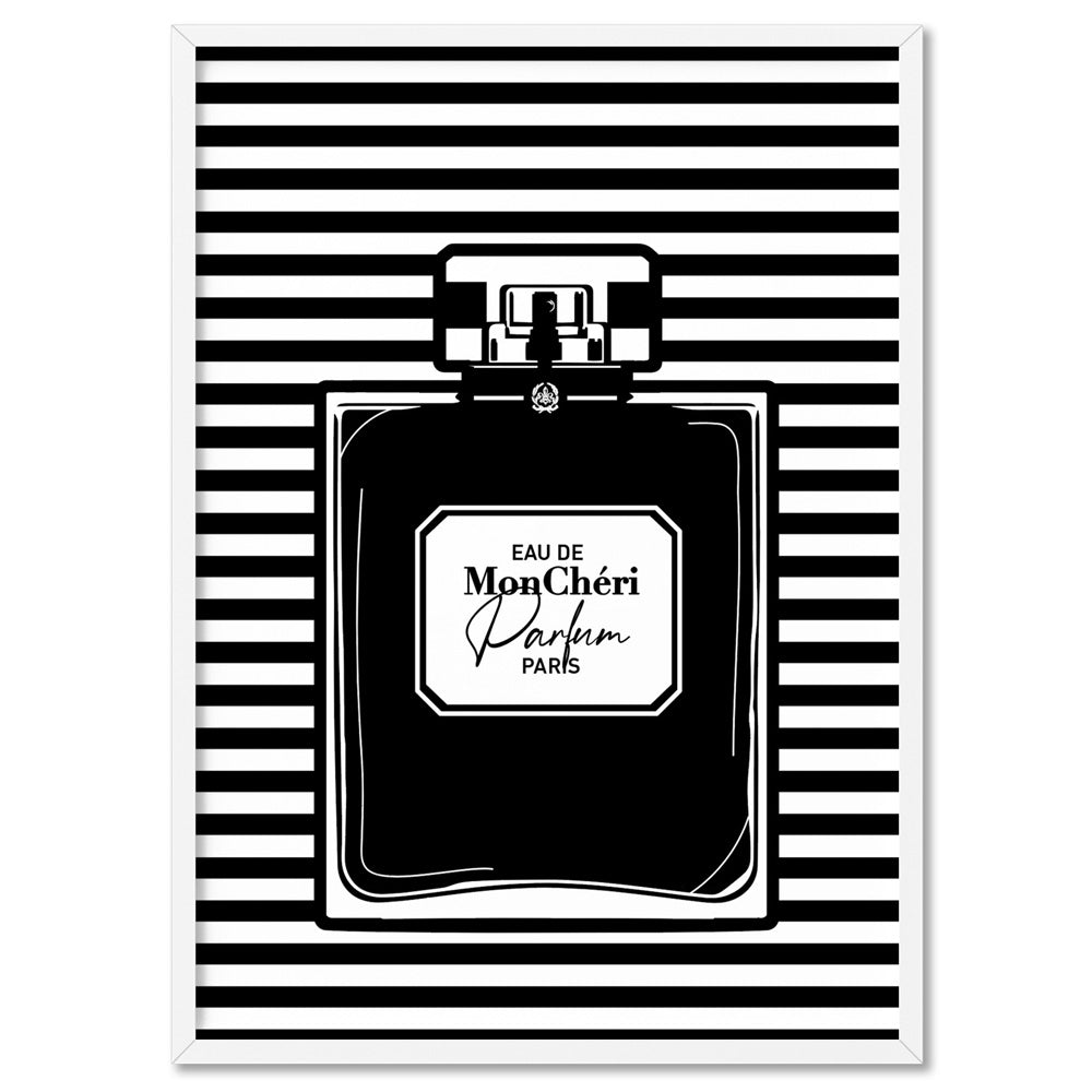 Perfume Bottle Stripes Monochrome - Art Print, Poster, Stretched Canvas, or Framed Wall Art Print, shown in a white frame