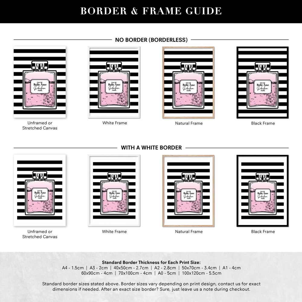 Perfume Bottle Stripes & Pink - Art Print, Poster, Stretched Canvas or Framed Wall Art, Showing White , Black, Natural Frame Colours, No Frame (Unframed) or Stretched Canvas, and With or Without White Borders