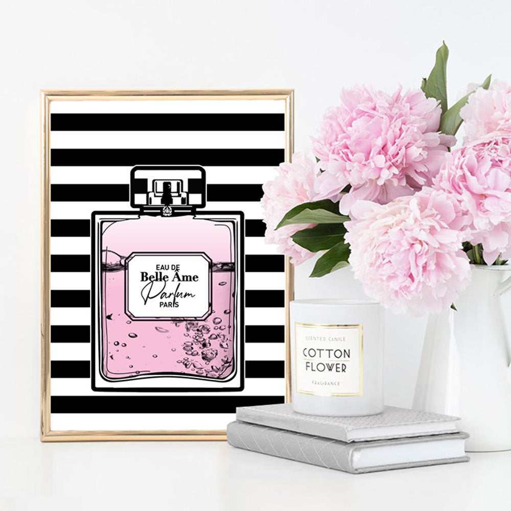Perfume Bottle Stripes & Pink - Art Print, Poster, Stretched Canvas or Framed Wall Art Prints, shown framed in a room