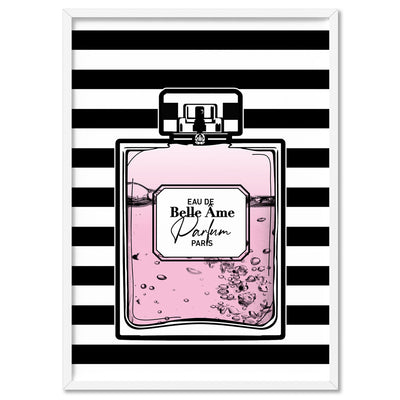 Perfume Bottle Stripes & Pink - Art Print, Poster, Stretched Canvas, or Framed Wall Art Print, shown in a white frame