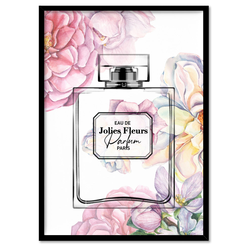 Pastel Rainbow Floral Perfume Bottle - Art Print, Poster, Stretched Canvas, or Framed Wall Art Print, shown in a black frame