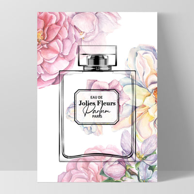 Pastel Rainbow Floral Perfume Bottle - Art Print, Poster, Stretched Canvas, or Framed Wall Art Print, shown as a stretched canvas or poster without a frame
