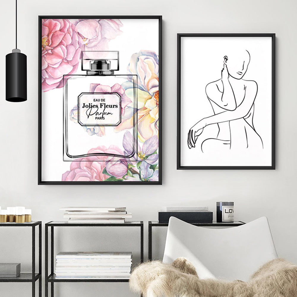 Pastel Rainbow Floral Perfume Bottle - Art Print, Poster, Stretched Canvas or Framed Wall Art, shown framed in a home interior space