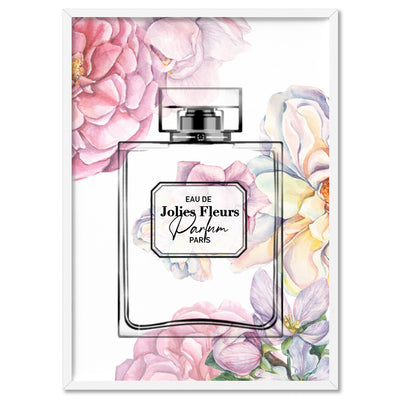 Pastel Rainbow Floral Perfume Bottle - Art Print, Poster, Stretched Canvas, or Framed Wall Art Print, shown in a white frame