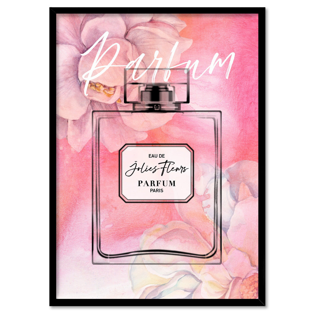 Pink Florals Painted Perfume Bottle - Art Print, Poster, Stretched Canvas, or Framed Wall Art Print, shown in a black frame
