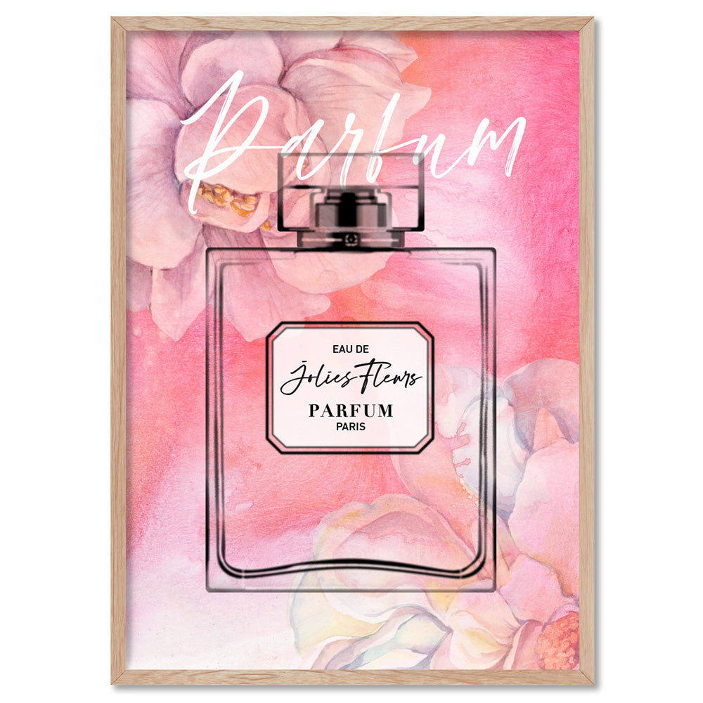 Pink Florals Painted Perfume Bottle - Art Print, Poster, Stretched Canvas, or Framed Wall Art Print, shown in a natural timber frame
