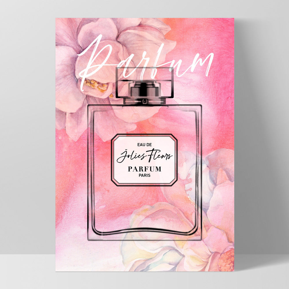 Pink Florals Painted Perfume Bottle - Art Print, Poster, Stretched Canvas, or Framed Wall Art Print, shown as a stretched canvas or poster without a frame