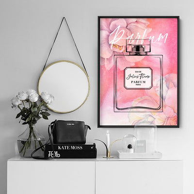 Pink Florals Painted Perfume Bottle - Art Print, Poster, Stretched Canvas or Framed Wall Art Prints, shown framed in a room