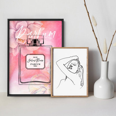 Pink Florals Painted Perfume Bottle - Art Print, Poster, Stretched Canvas or Framed Wall Art, shown framed in a home interior space